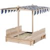 Covered Wooden Sandbox with Adjustable Canopy, Convertible Bench Seat, and Backrests, Bottom Liner, Natural Blue