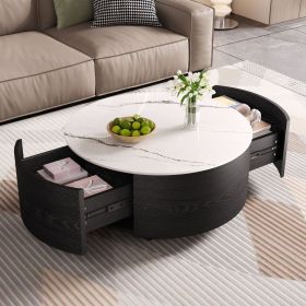Modern Round Movable Coffee Table with Casters, 2 Drawers, Marble Pattern Sintered Stone Top, Black, 29.5"