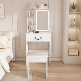 Modern Mini Dressing Table with LED-lit Mirror & Hidden Storage,Includes Padded Stool,Adjustable Brightness Vanity Desk,Multi-tier Dust-proof She