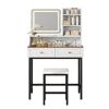 Makeup Vanity with LED Lighted Mirror, 360° Rotatable Mirror, Vanity Desk with 2 Drawers,Power Outlet and 3-Tier Shelves, Amber Glass Table Top
