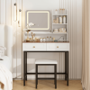 Makeup Vanity with LED Lighted Mirror, 360° Rotatable Mirror, Vanity Desk with 2 Drawers,Power Outlet and 3-Tier Shelves, Amber Glass Table Top