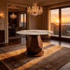 44.88" Round Dining Table, 6-Seater Design, MDF Geometric Pedestal Base, Faux Marble Grain Glass Table Top