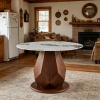 44.88" Round Dining Table, 6-Seater Design, MDF Geometric Pedestal Base, Faux Marble Grain Glass Table Top