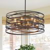 24" Rustic Industrial Pendant Light, 6-Light Black and Walnut Metal Cage Chandelier with Wood Accents for Kitchen Island and Dining Room (No Bulbs)
