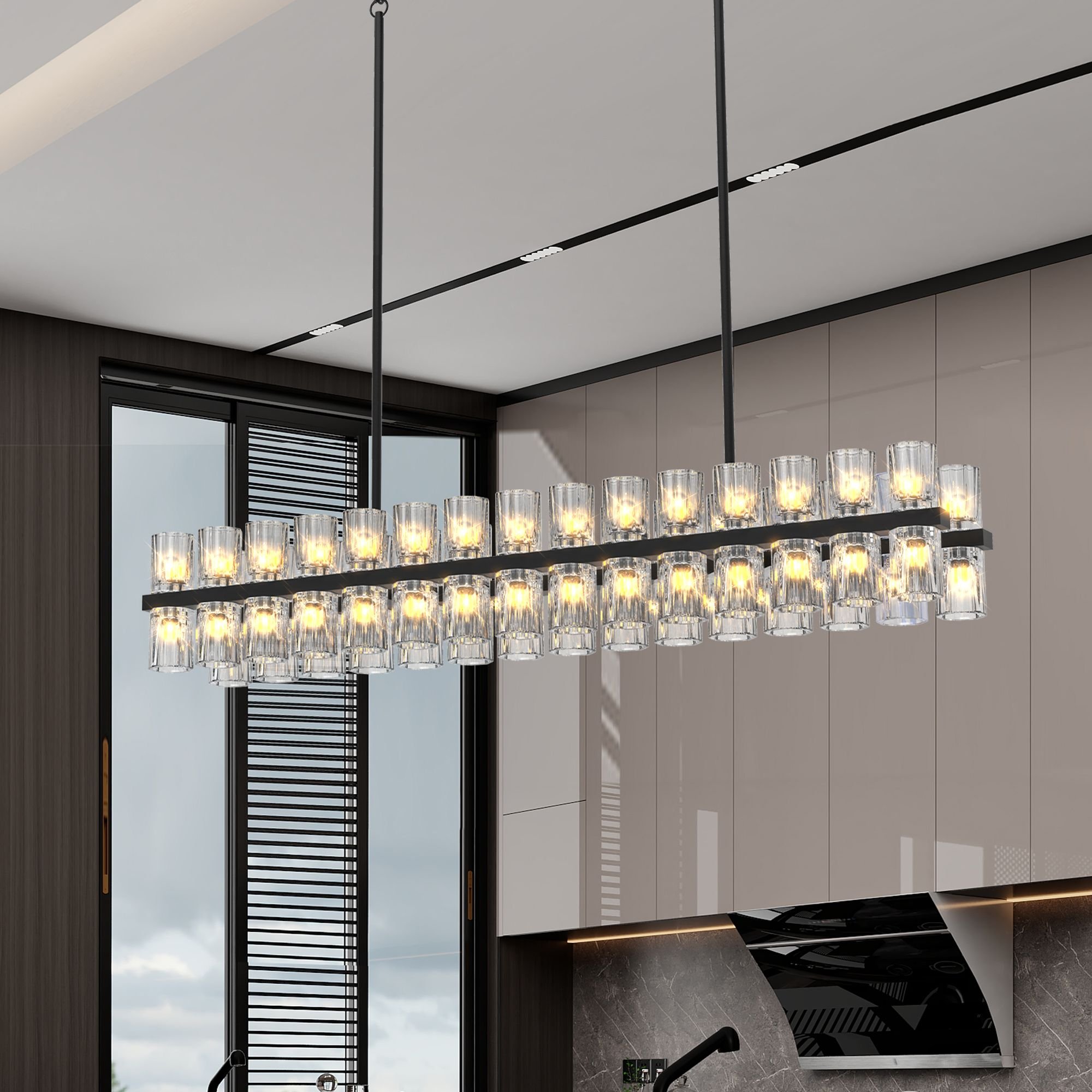 (L005030-D54-P60B/W1340P310780)Rectangular Luxurious Crystal Chandelier for Living Room & Dining Room, Black Frame with K9 Crystals