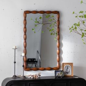 36.02" Mid-Century Modern Swirl Wood Frame Mirror - Solid Wood & MDF Wall-Mounted Full-Length Mirror, Brown Decorative Mirror for Bedroom/Living