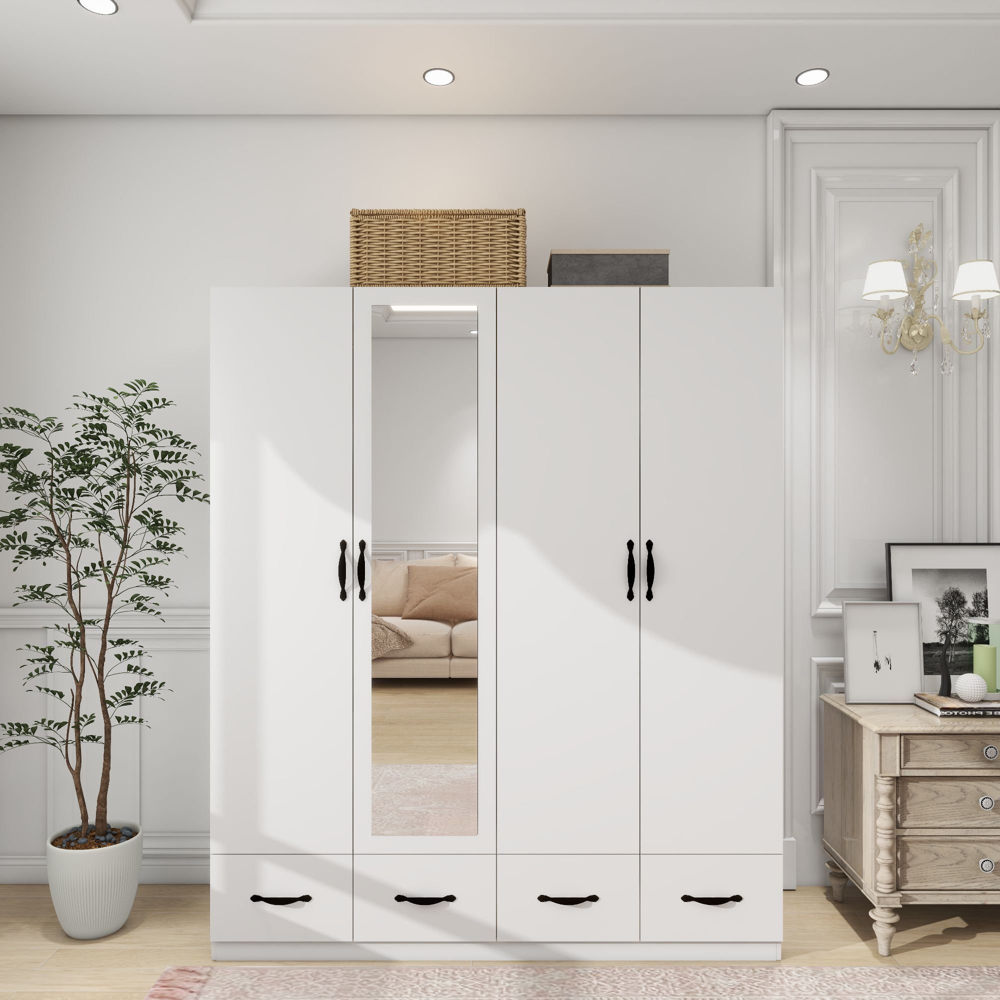 Armoire Wardrobe Closet 4 Door: 4 Drawers Wooden Cabinet Closet Wardrobe with Mirror and Hanging Rod High Storage Capacity for White Closet Cabin