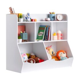 Wood Kid Storage Cubby, Toy Storage Organizer with Bookshelf, 5-Cubby Wood Toy Storage Cabinet, Children Book Toy Shelf for Kids Room, Playroom