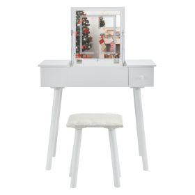 Vanity Table Set with LED Mirror, Flip Top Makeup Dressing Table Writing Desk with Cushioning Makeup Stool Set, 2 Drawers, White