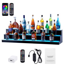 LED Lighted Liquor Bottle Display, 3 Tiers 48 Inch Commercial Illuminated Home Bar Shelf, 3 Steps Whiskey Rack Stand