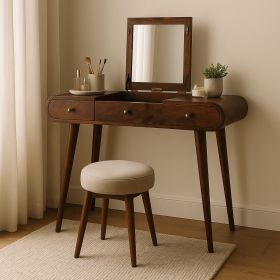 Chestnut Mirror Dressing Table, Nordic Legs, 2-Drawers, Compartments for Storage, Brown