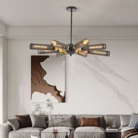 34" Modern Industrial Sputnik Chandelier, 8-Light Black and Gold Metal Pendant Light with Mesh Shades, E26 Base, Adjustable Height for Dining Roo