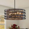 20" Rustic Industrial Pendant Light, 5-Light Black and Walnut Metal Cage Chandelier with Wood Accents for Kitchen Island and Dining Room (No Bulbs)