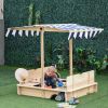 Covered Wooden Sandbox with Adjustable Canopy, Convertible Bench Seat, and Backrests, Bottom Liner, Natural Blue