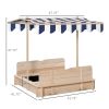 Covered Wooden Sandbox with Adjustable Canopy, Convertible Bench Seat, and Backrests, Bottom Liner, Natural Blue