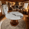 44.88" Round Dining Table, 6-Seater Design, MDF Geometric Pedestal Base, Faux Marble Grain Glass Table Top