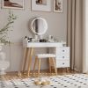 Dressing Table with LED Lights Glass Top Dressing Table with Extendable Side Table 5 Drawers Dressing Table with Mirror and Stool for Bedroom