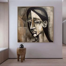 Melancholic Woman-Abstract Figure Oil Painting Picasso Style Art Brown Tones Textured Wall Art Modern Home Wall Decor (Style: 01, size: 120x120cm)