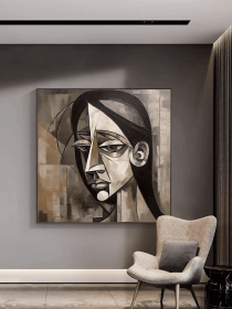 Melancholic Woman-Abstract Figure Oil Painting Picasso Style Art Brown Tones Textured Wall Art Modern Home Wall Decor (Style: 01, size: 80x80cm)