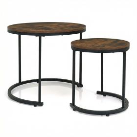 Set of 2 Modern Round Stacking Nesting Coffee Tables (Color: Rustic Brown)