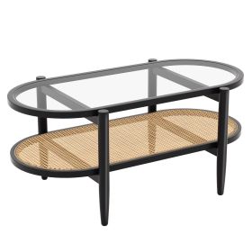 2-Tier Coffee Table with Tempered Glass Tabletop and Acacia Wood Frame (Color: Black)