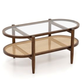 2-Tier Coffee Table with Tempered Glass Tabletop and Acacia Wood Frame (Color: Brown)