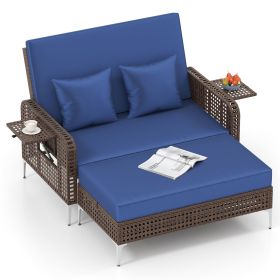 2 Piece Patio Rattan Daybed Wicker Loveseat and Ottoman with Adjustable Backrest (Color: Navy)