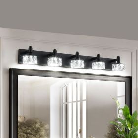 Modern 5-Light Matte Black LED Vanity Light Fixture with Crystal Glass Shades, Bathroom Wall Sconce for Elegant and Contemporary Home Decor (Color: Black, Material: Iron)
