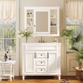 36'' Bathroom Vanity with Top Sink, Mirror Cabinet, Modern Bathroom Storage Cabinet with 2 Soft Closing Doors, Single Sink Bathroom Vanity (Color: as Pic)