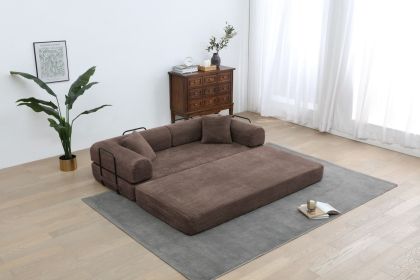Foldable Sofa Bed, 77.9'' Folding Floor Couch, Compressed Convertable Sleeper Sofa, Memory Foam Couch with Pillow Back Support Armrest (Color: Brown)